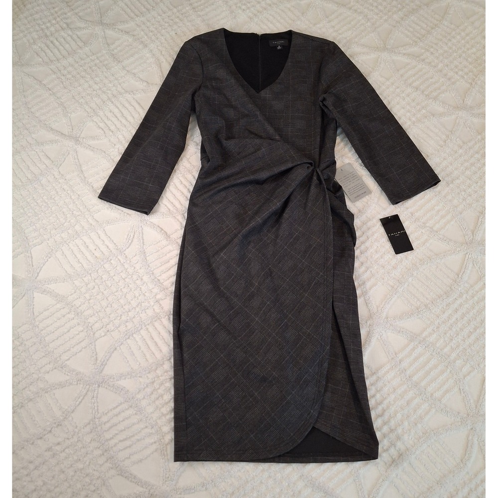 Tahari Womens 2 Sheath Dress Charcoal Grey Glen Plaid Side Ruched NWT